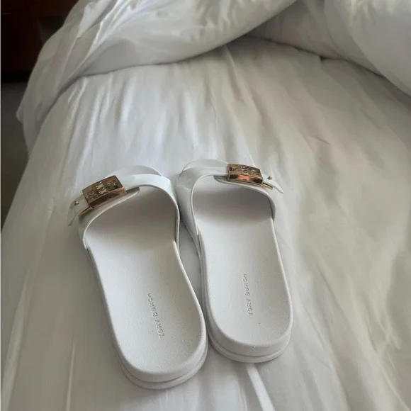 Tory Burch White Slides with Gold Accent - Picture 3 of 8